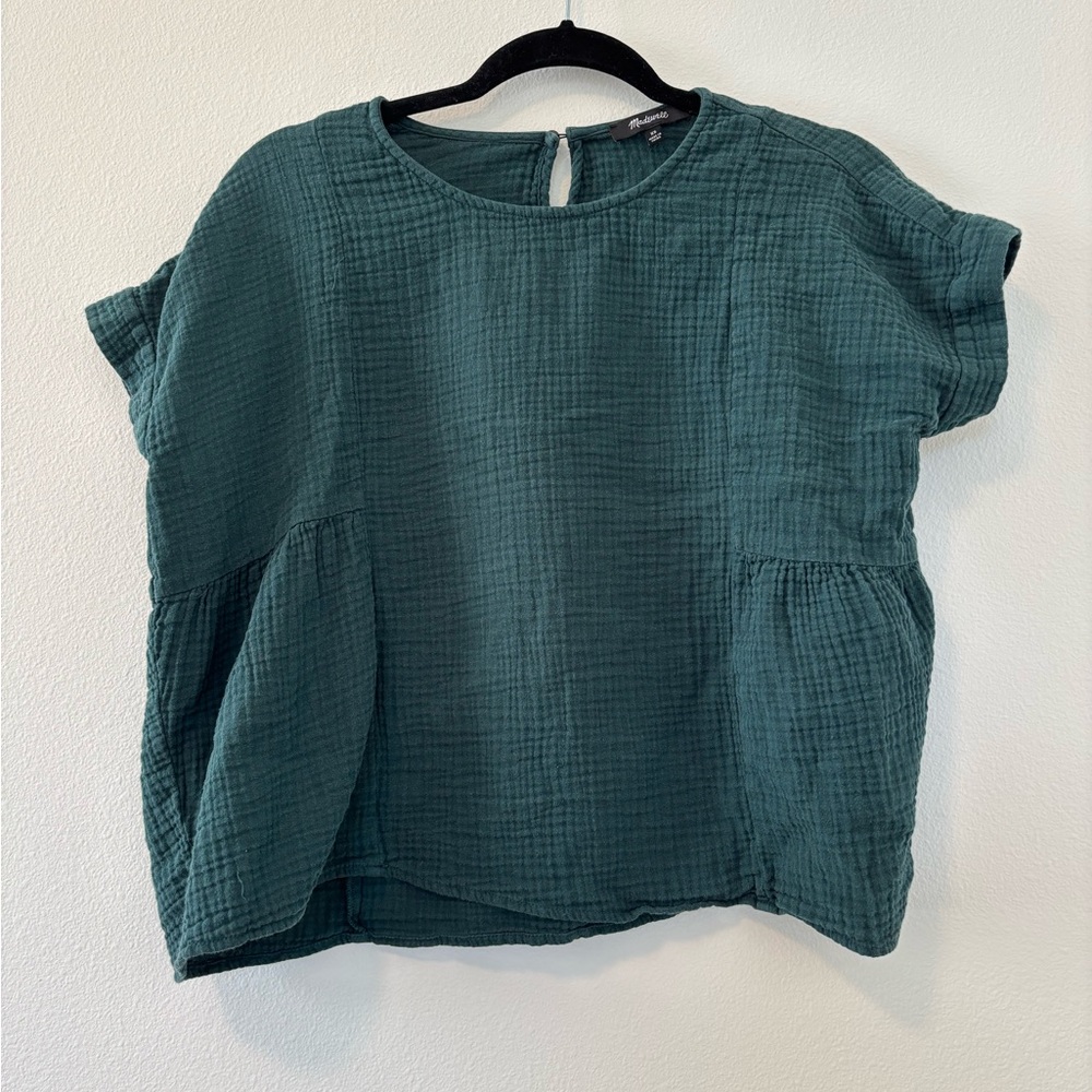 Madewell Forest Green/Teal Cotton Gauze Short Sleeve Top